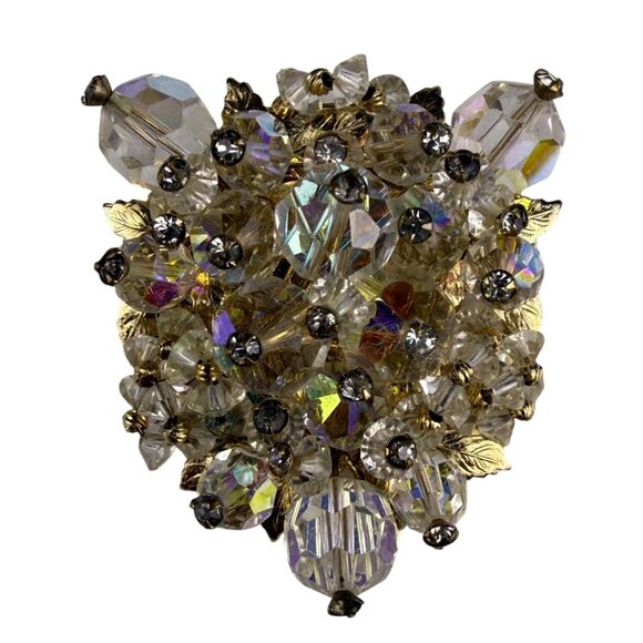 Vtg Vendome Gold Tone Aurora Borealis Crystal Brooch Matching Clip-On Earrings - Picture 2 of 8